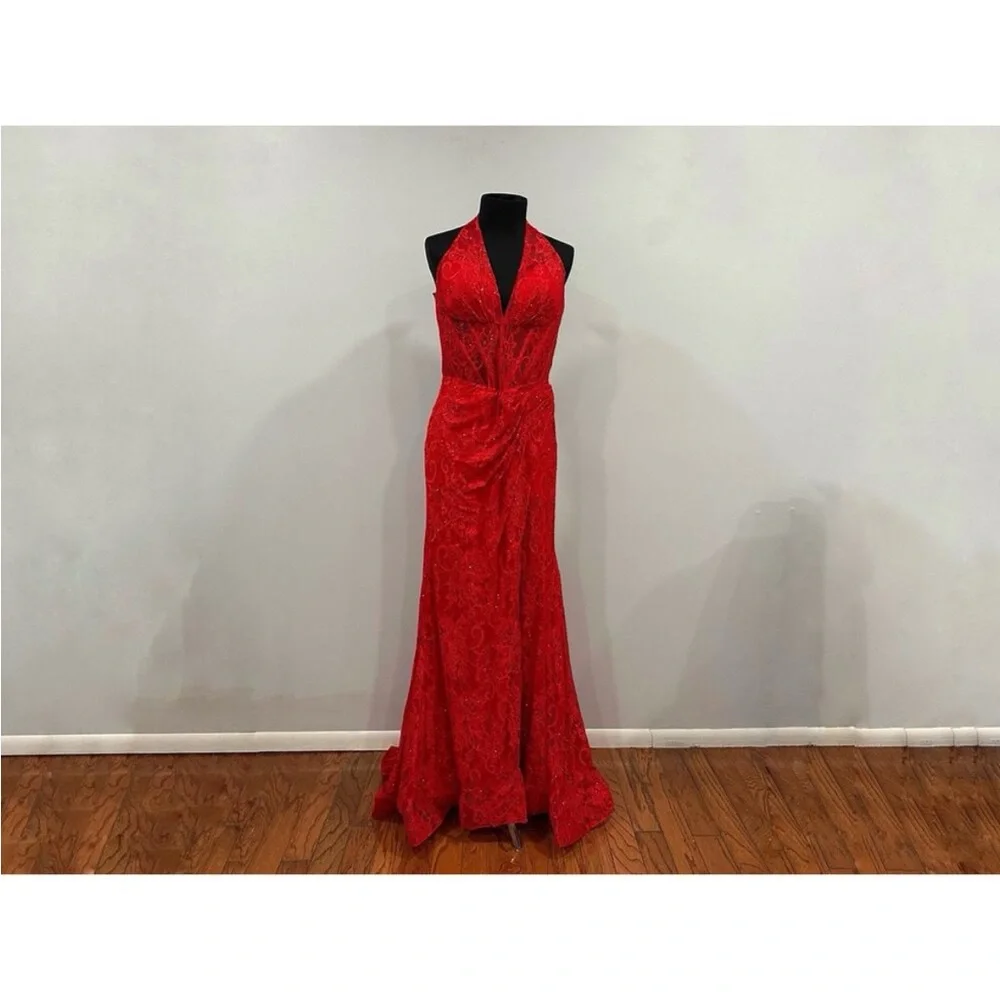 Sherri Hill | Dresses | Sherri Hill 5634 Red Lace Halter Gown Sz 14 |  Poshmark